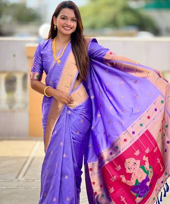 Soft paithani silk saree with zari weawing motifs design and meenakari weawing rich pallu 5