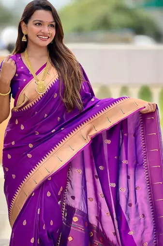Soft paithani silk saree with zari weawing motifs design and meenakari weawing rich pallu