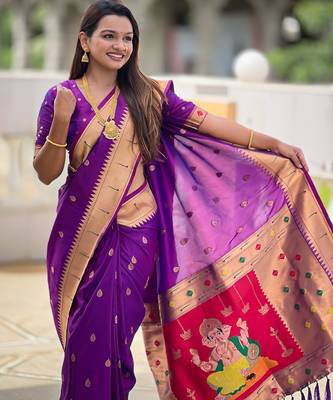 Soft paithani silk saree with zari weawing motifs design and meenakari weawing rich pallu 4