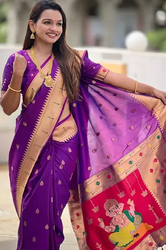 Soft paithani silk saree with zari weawing motifs design and meenakari weawing rich pallu