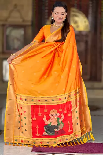 Soft paithani silk saree with zari weawing motifs design and meenakari weawing rich pallu