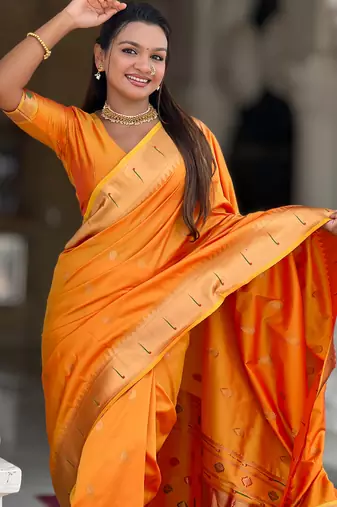 Soft paithani silk saree with zari weawing motifs design and meenakari weawing rich pallu