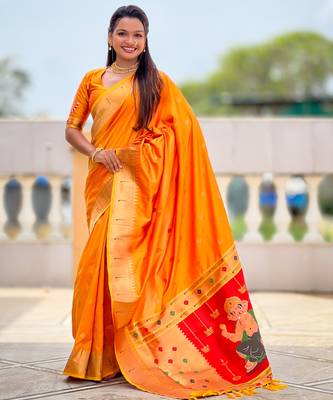 Soft paithani silk saree with zari weawing motifs design and meenakari weawing rich pallu 4