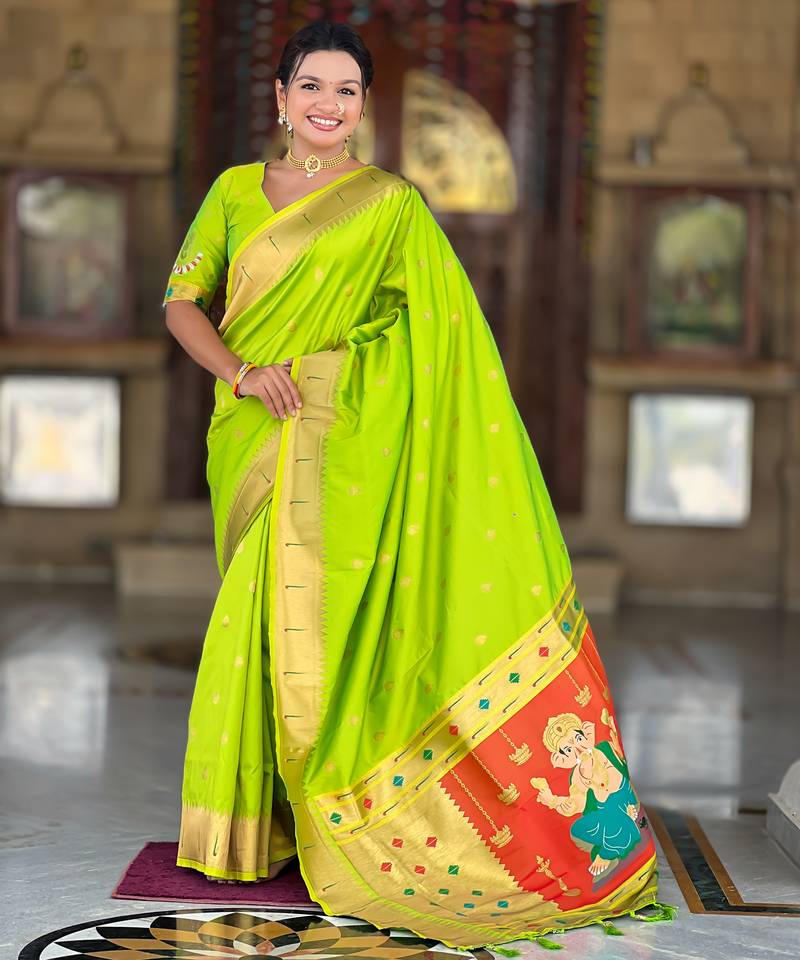 Soft paithani silk saree with zari weawing motifs design and meenakari weawing rich pallu