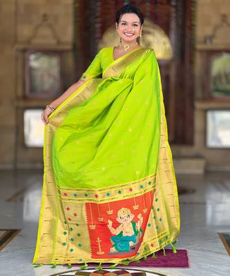 Soft paithani silk saree with zari weawing motifs design and meenakari weawing rich pallu 2