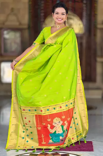 Soft paithani silk saree with zari weawing motifs design and meenakari weawing rich pallu