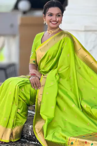 Soft paithani silk saree with zari weawing motifs design and meenakari weawing rich pallu