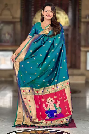 Soft paithani silk saree with zari weawing motifs design and meenakari weawing rich pallu