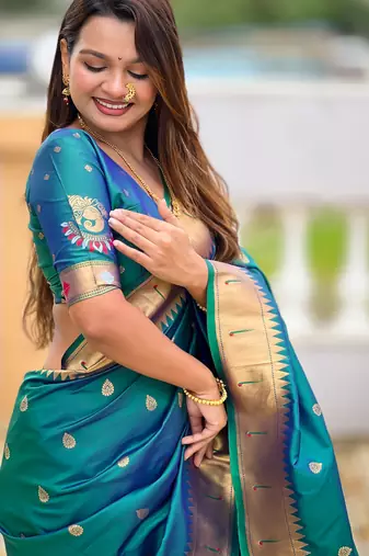 Soft paithani silk saree with zari weawing motifs design and meenakari weawing rich pallu