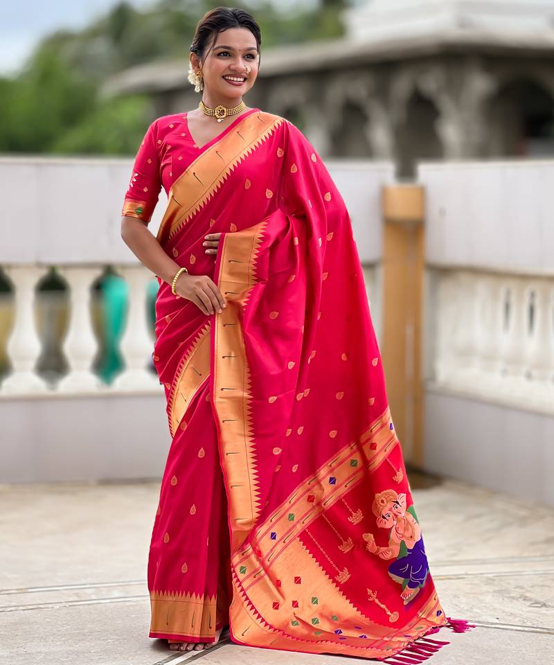 Soft paithani silk saree with zari weawing motifs design and meenakari weawing rich pallu