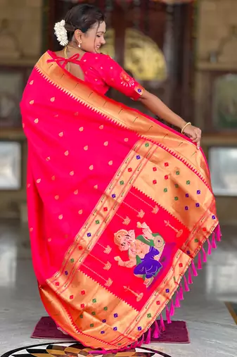 Soft paithani silk saree with zari weawing motifs design and meenakari weawing rich pallu