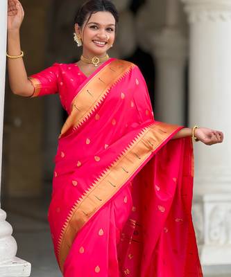 Soft paithani silk saree with zari weawing motifs design and meenakari weawing rich pallu 3