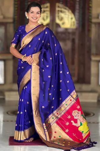 Soft paithani silk saree with zari weawing motifs design and meenakari weawing rich pallu