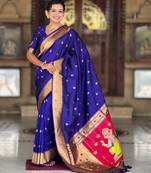 Soft paithani silk saree with zari weawing motifs design and meenakari weawing rich pallu