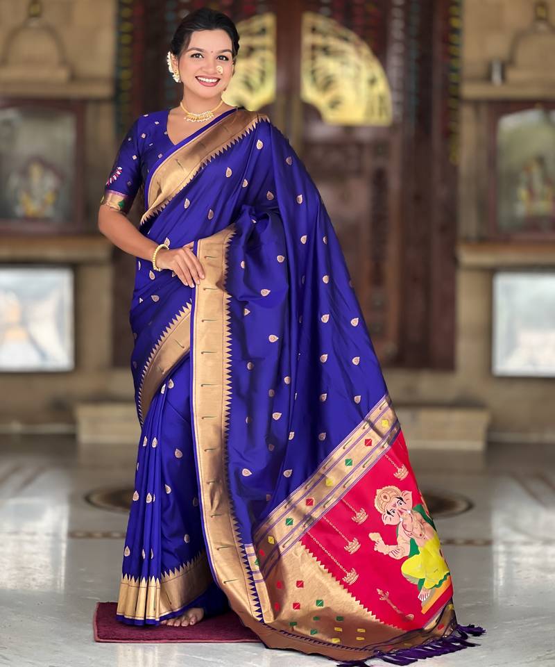 Soft paithani silk saree with zari weawing motifs design and meenakari weawing rich pallu
