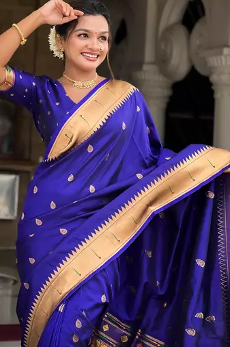 Soft paithani silk saree with zari weawing motifs design and meenakari weawing rich pallu