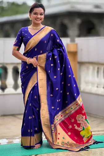 Soft paithani silk saree with zari weawing motifs design and meenakari weawing rich pallu
