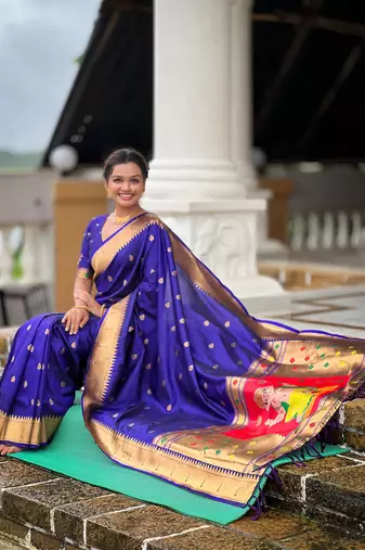 Soft paithani silk saree with zari weawing motifs design and meenakari weawing rich pallu