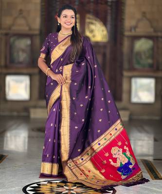 Soft paithani silk saree with zari weawing motifs design and meenakari weawing rich pallu 1