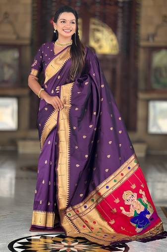 Soft paithani silk saree with zari weawing motifs design and meenakari weawing rich pallu
