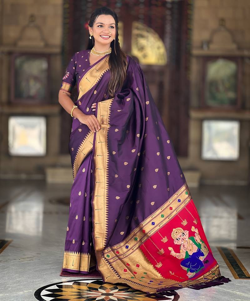 Soft paithani silk saree with zari weawing motifs design and meenakari weawing rich pallu