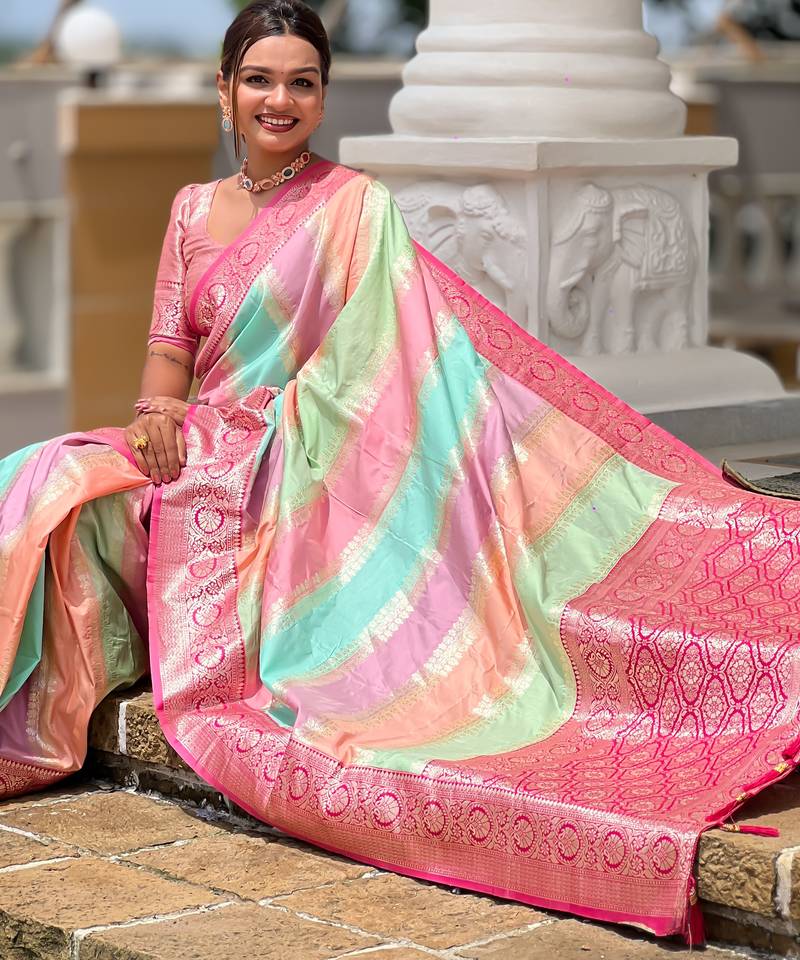 Soft silk saree with zari weaving meenakari design all over the saree & zari weawing contrast rich pallu