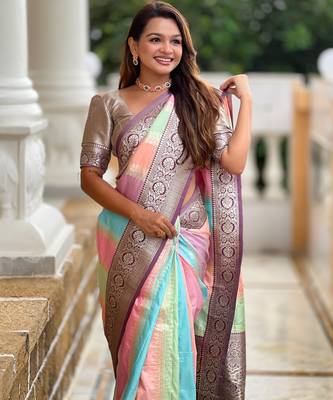 Soft silk saree with zari weaving meenakari design all over the saree & zari weawing contrast rich pallu 4