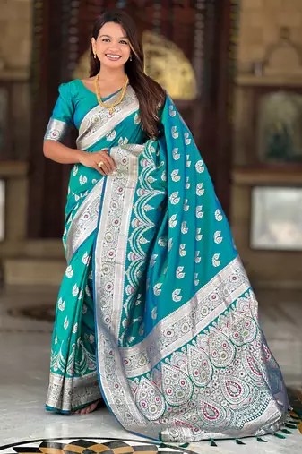 Soft banarasi silk saree with zari weaving meenakari touchup design all over the saree