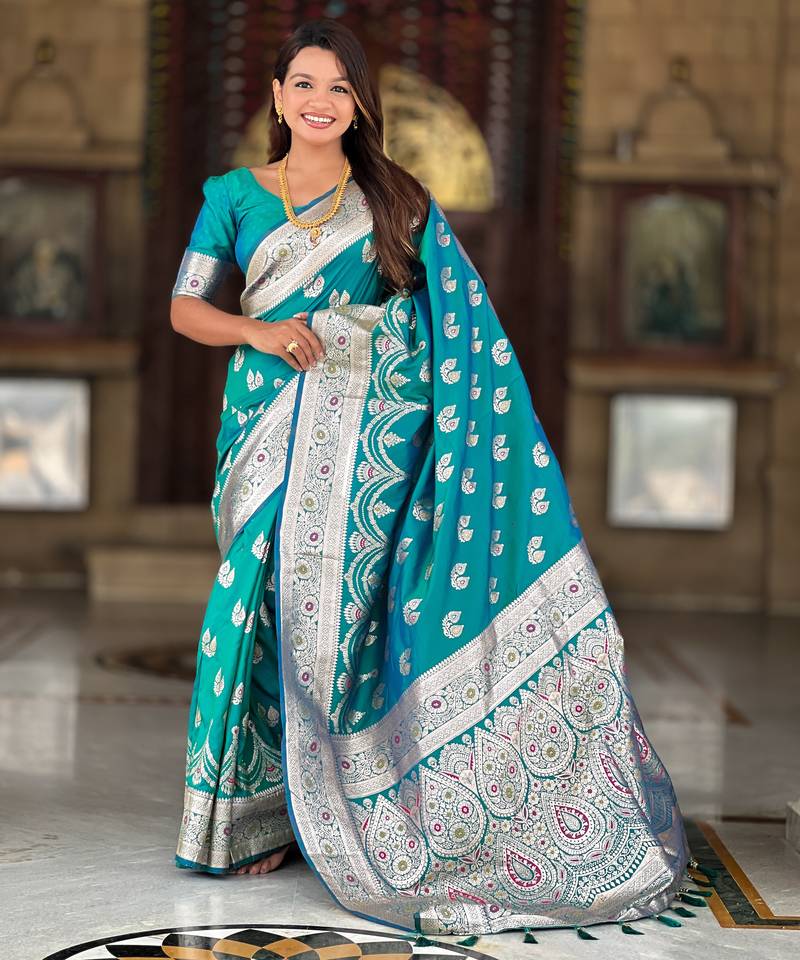 Soft banarasi silk saree with zari weaving meenakari touchup design all over the saree