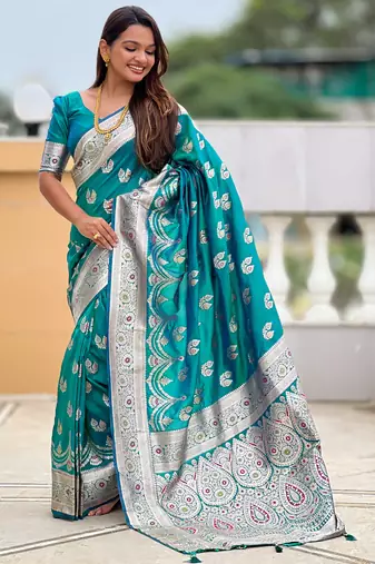 Soft banarasi silk saree with zari weaving meenakari touchup design all over the saree