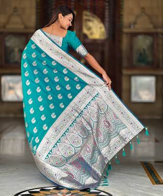 Soft banarasi silk saree with zari weaving meenakari touchup design all over the saree 5