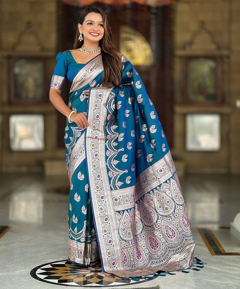Soft banarasi silk saree with zari weaving meenakari touchup design all over the saree