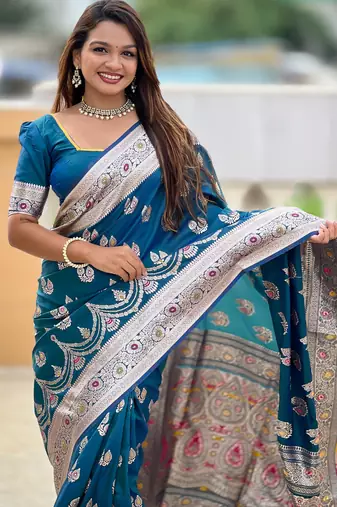 Soft banarasi silk saree with zari weaving meenakari touchup design all over the saree
