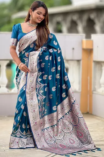 Soft banarasi silk saree with zari weaving meenakari touchup design all over the saree