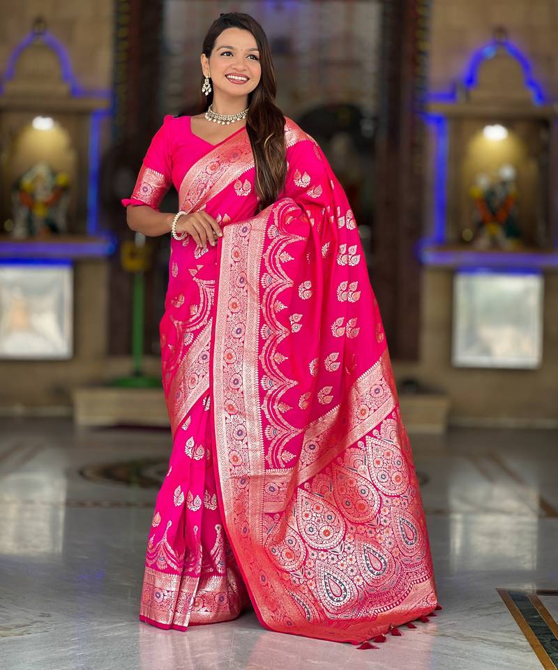 Soft banarasi silk saree with zari weaving meenakari touchup design all over the saree