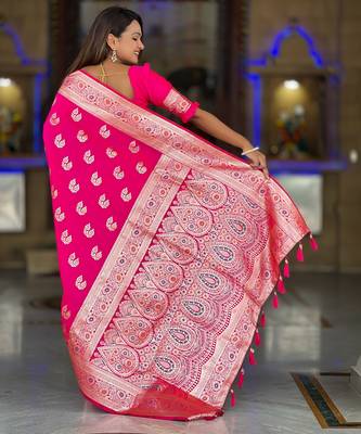 Soft banarasi silk saree with zari weaving meenakari touchup design all over the saree 2