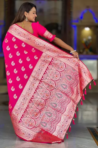Soft banarasi silk saree with zari weaving meenakari touchup design all over the saree