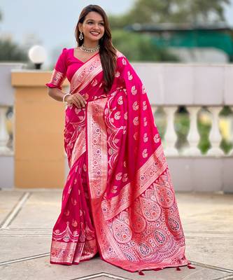 Soft banarasi silk saree with zari weaving meenakari touchup design all over the saree 4