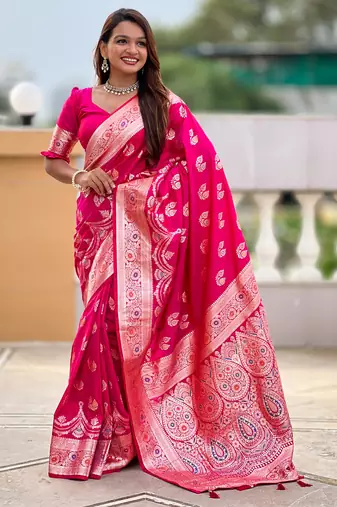 Soft banarasi silk saree with zari weaving meenakari touchup design all over the saree