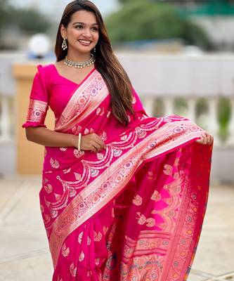 Soft banarasi silk saree with zari weaving meenakari touchup design all over the saree 5