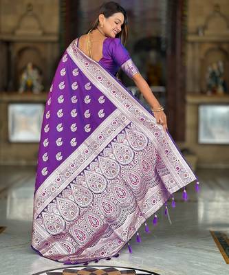 Soft banarasi silk saree with zari weaving meenakari touchup design all over the saree 2