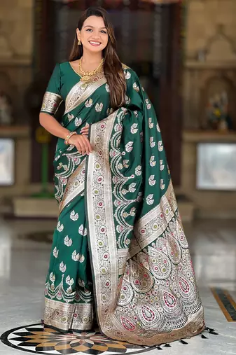 Soft banarasi silk saree with zari weaving meenakari touchup design all over the saree