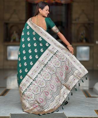 Soft banarasi silk saree with zari weaving meenakari touchup design all over the saree 2