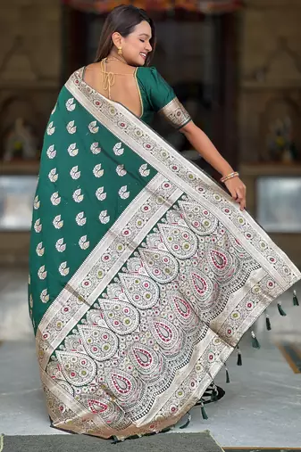 Soft banarasi silk saree with zari weaving meenakari touchup design all over the saree