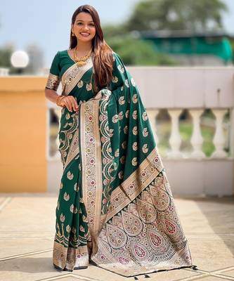 Soft banarasi silk saree with zari weaving meenakari touchup design all over the saree 4