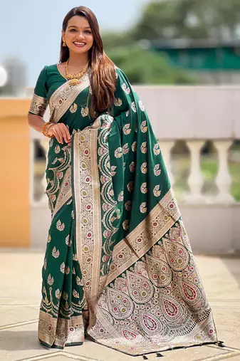 Soft banarasi silk saree with zari weaving meenakari touchup design all over the saree