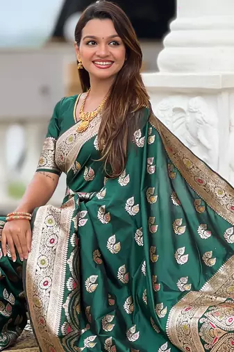 Soft banarasi silk saree with zari weaving meenakari touchup design all over the saree