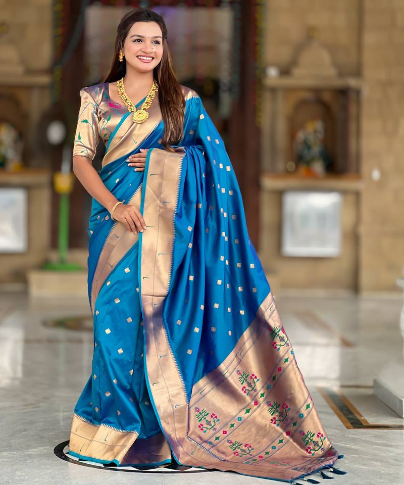 Soft paithani silk saree with zari weawing motifs design and meenakari weawing rich pallu