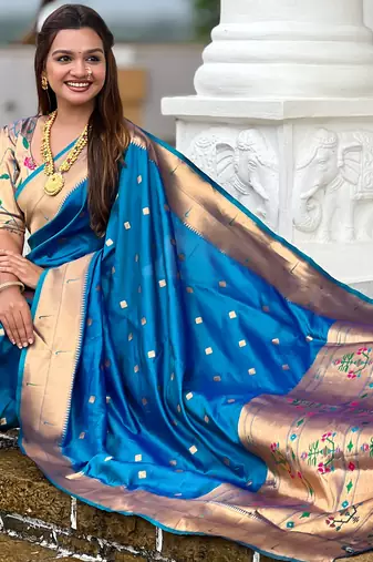 Soft paithani silk saree with zari weawing motifs design and meenakari weawing rich pallu
