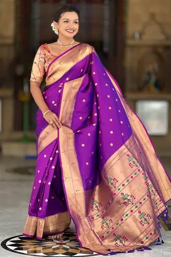 Soft paithani silk saree with zari weawing motifs design and meenakari weawing rich pallu